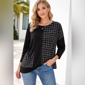 Sympli black white grid print asymmetric top slouchy Sz 10